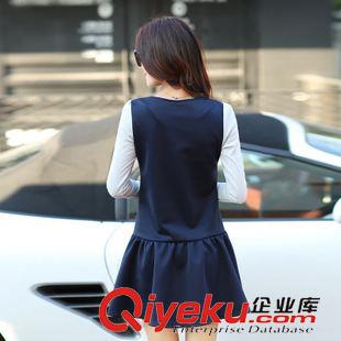 9月更新 2015秋装新款韩版女装纽扣拼接撞色连衣裙圆领修身长袖百褶裙