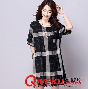 火拼专区 厂家直销2015夏季新款韩版女装 宽松腰大格子棉麻连衣裙一件代发
