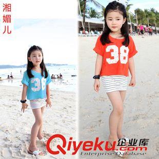 女童专区 批发 夏季新款童装韩版女童印花短袖时尚条纹短裙两件套66027