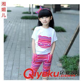 女童专区 夏季新款女童套装韩版童装卡通条纹短袖两件套运动套装66012批发