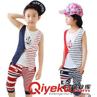 男童女童专区 厂家直销 夏季男女童韩版童装假两件无袖背心条纹运动套装88139