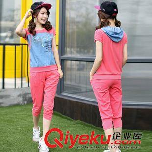2015.5月新款 夏季新款韩版字母印花休闲套装 连帽短袖中学生少女运动两件套装