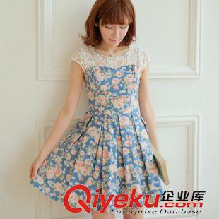 连衣裙 夏季复古甜美玫瑰印花蕾丝连衣裙 拼接修身短袖连衣裙