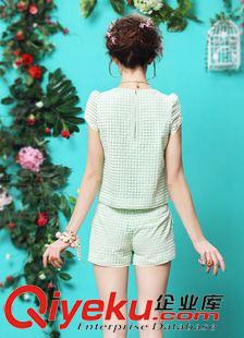 短裤套装 5124#ChunMeiNa/春夏新款女装 绿色泡泡袖蕾丝衫+蕾丝短裤