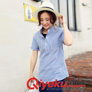 6月20新品 2015夏季 竖条纹短袖衬衫日系文艺年学生情侣衬衣班服