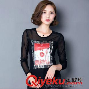 女式T恤 2015秋装新款女装韩版3D图案拼接网纱修身显瘦百搭打底衫