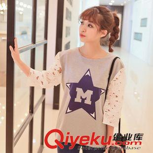 女式T恤 厂家直销2015春夏女装新款韩版印花蕾丝缕空中袖T恤女式上衣