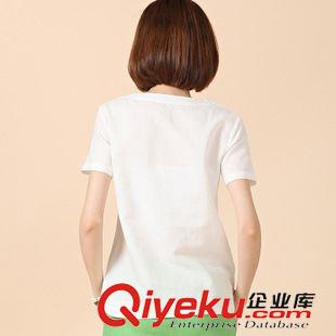 T恤 夏新品文艺范简洁棉麻女装 扣子弧线设计 森女系短袖T恤