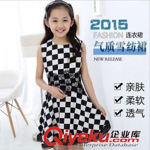 2015年6月新品 女童2015新款夏装儿童黑白格子露肩吊带裙背心裙宝宝时尚连衣裙