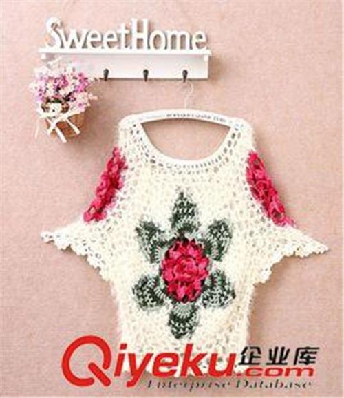 毛衣 针织衫 2015韩国新款春装玫瑰花朵短袖蝙蝠袖套头女宽松钩花镂空罩衫毛衣