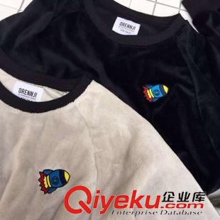 卫衣绒衫 2015秋季韩版刺绣卡通小火箭精简纯色圆领套头卫衣