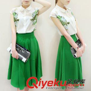 7月中旬三 2015夏季新款韩版修身女装短袖印花两件套雪纺连衣裙中长款夏装裙