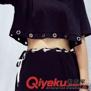 7月中旬三 2015新款 韩版镂空交叉绑带 短袖套装 连衣裙