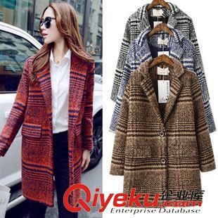 9月中旬上新 2015冬韩国东大门新款单排扣西装领长款格纹羊毛呢大衣外套女