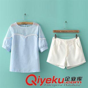 套装 2015夏装新款 韩版棉麻纱拼接短袖上衣白色短裤两件套装 女