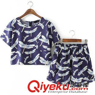 套装 2015夏女装欧美风新款蜻蜓印花短袖T恤+阔腿短裤套装女 免费加盟