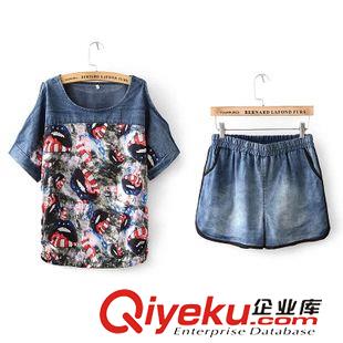 套装 夏季新款韩版宽松大码雪纺拼接露肩牛仔T恤+短裤两件套 女装批发