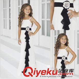 预定款 预定厂家直销2015新款儿童长礼服拼色吊带连衣裙花朵配饰白色长裙