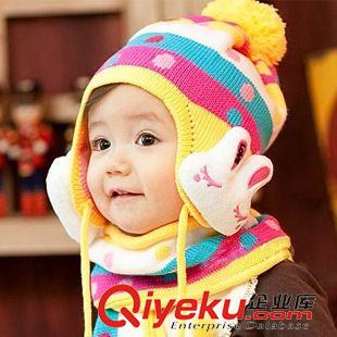 儿童套装 韩国彩色圆点提花大绒球小兔子护耳儿童帽子围巾二件套批发