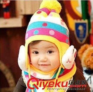 儿童套装 韩国彩色圆点提花大绒球小兔子护耳儿童帽子围巾二件套批发