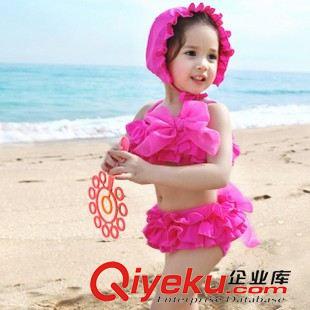 儿童泳衣 韩版新款泳衣 可爱儿童分体分体xxx带帽泳衣 纯色花边一件代发