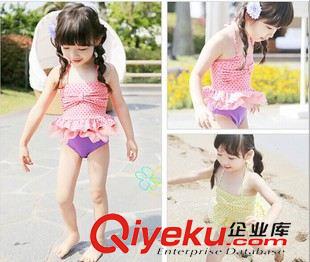 儿童泳衣 韩版新款泳衣 可爱儿童分体泳衣 波点小清新 粉点紫裤头 一件代发