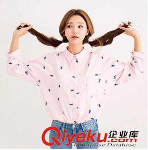 衬衫 2015新款韩版直筒卡通米奇图案宽松蝙蝠袖衬衣长袖粉色衬
