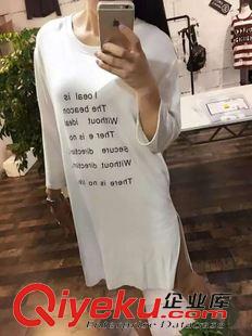 8月29号新款 厂家直销2015年韩版小字母印花纯棉长款七分袖侧开叉T恤批发