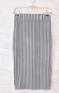 半身裙 XB 2015春欧美明星同款黑白竖线条纹修身显高一步半身裙 配皮带