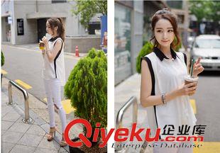 2015年6月新品 一件代发 2015新款 韩国个性时尚黑白拼接宽松无袖纯色雪纺衬衫