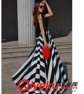 连衣裙 2015夏季新款韩版蕾丝修身 条纹大摆沙滩裙 拖地长裙实拍现货直售