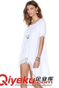 夏季新品7月19 2015 夏季 新品款 不对称蕾丝花边刺绣下摆白色圆领宽松款女T恤