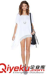 夏季新品7月19 2015 夏季 新品款 不对称蕾丝花边刺绣下摆白色圆领宽松款女T恤