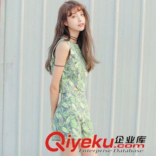 夏季新品7月15 2015夏季 韩版修身叶子印花背心+短裤两件套女新品款