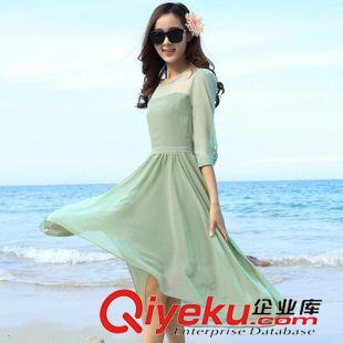 夏季新品7月12 2015新款韩版修身长裙纱网拼接圆领 中长款不规则波西米亚连衣裙