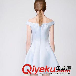 夏季新品7月09 2015春夏装新品 淡蓝色甜美淑女一字肩一字领收腰连衣裙礼服