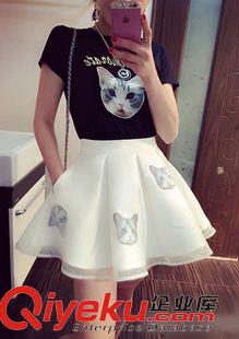 夏季新品7月09 2015新款刺绣猫咪修身短袖T恤欧根纱高腰蓬蓬裙套装