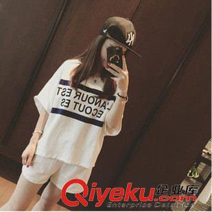 2015夏季短裤 2015夏装新款韩版女 白色宽松字母印花运动套装 上衣+短裤