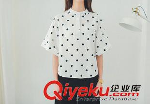 2015新款T恤 2015模特实拍高品质韩国官网新款清新简约棉麻料波点五分袖衬衫