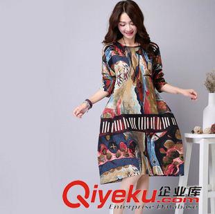 八月新款 #2015韩版大码复古民族风女装棉麻印花宽松长袖连衣裙