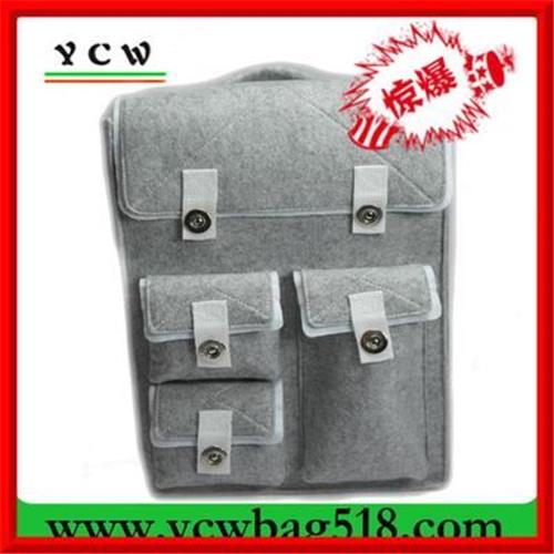 背包 深圳厂家 定做毛毡料灰色背包 前幅多口袋的背包 可加印LOGO
